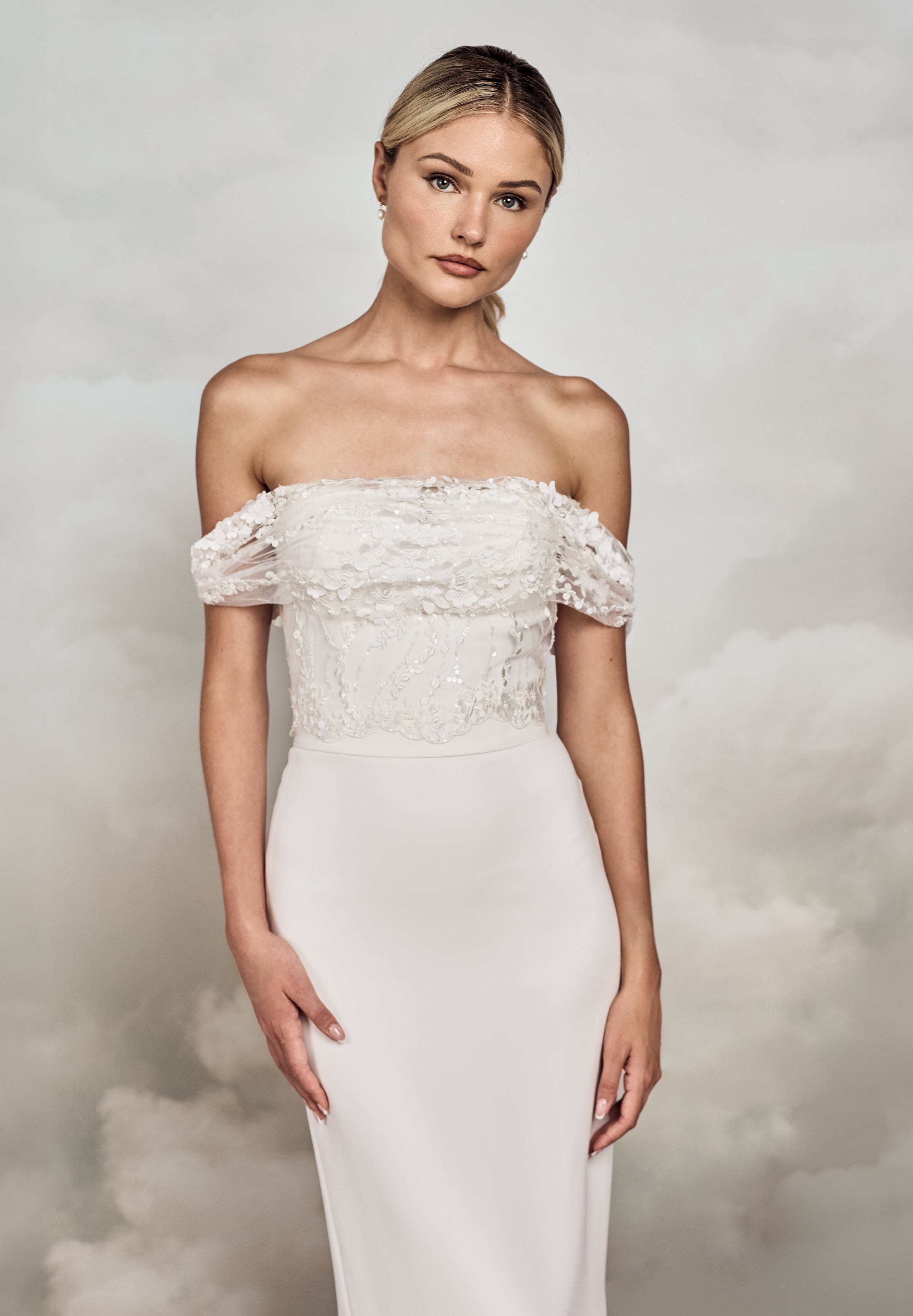 lace wedding dress overlay Begonia Top | 3D Flower Bridal Separates Top Rental type:7 days clothes: dresses Cicinia Off The Shoulder Delicate lace adorns the