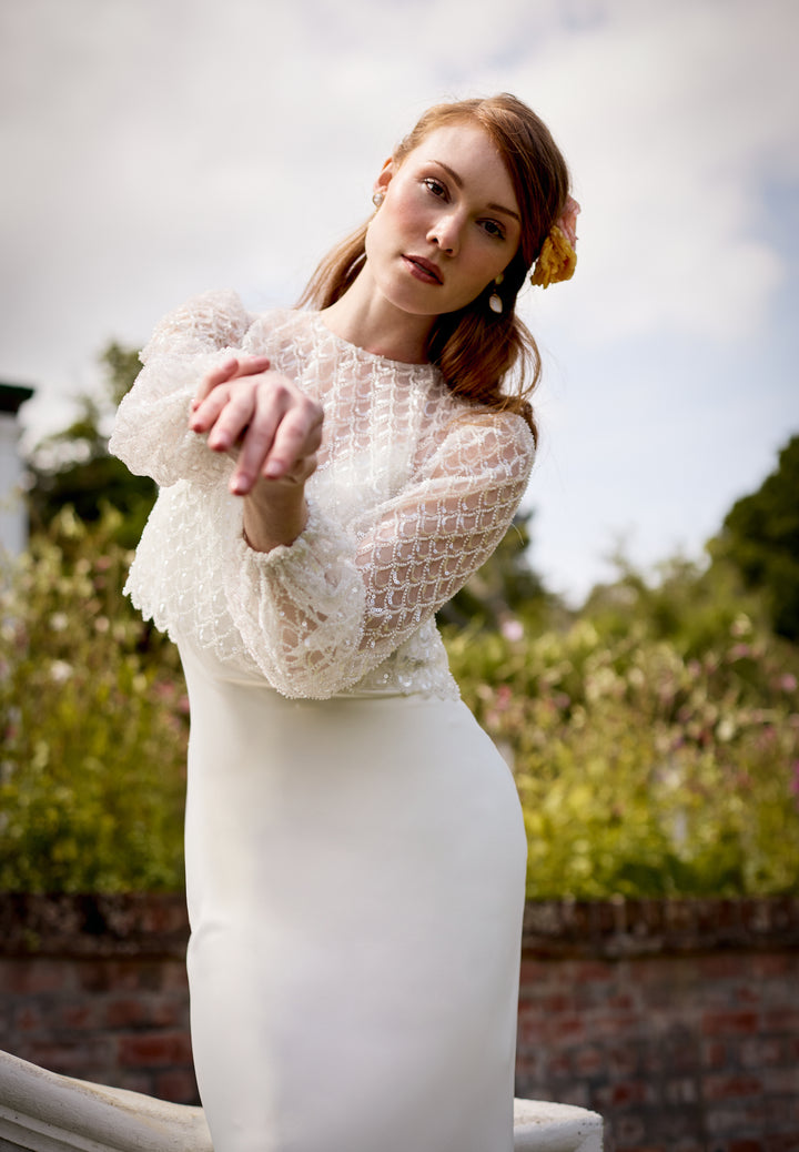 turquoise dress with white lace La Femme Sheer-Bodice Long Lace Prom Dress main image 1