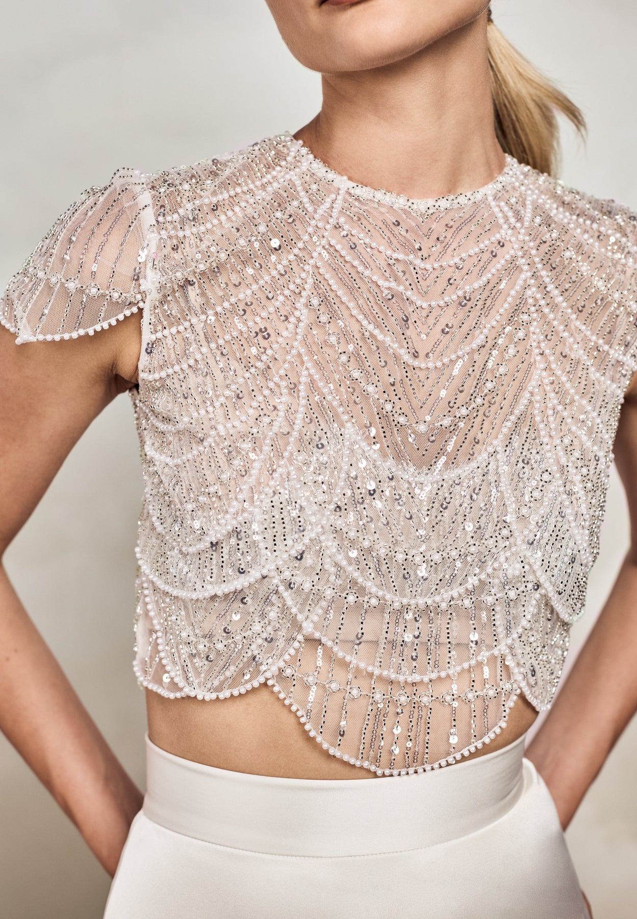 Dawn Top | Silver and Pearl Beaded Lace Bridal Separates Top Dawn Top | Silver and Pearl Beaded Lace Bridal Separates Top